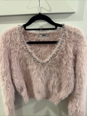 Soft Blush Pink Fuzzy Crewneck Sweater with Silver Chain